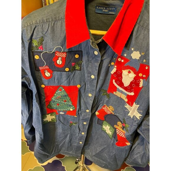 Karen Scott Blue Denim Holiday Embroidered Collared Long Sleeve Button Up Shirt - Picture 4 of 8